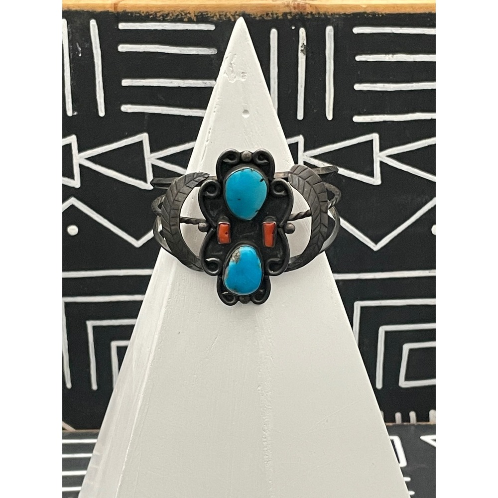 Vintage‎ Sterling Silver Turquoise Coral Shadowbox Cuff Bracelet Southwestern NA